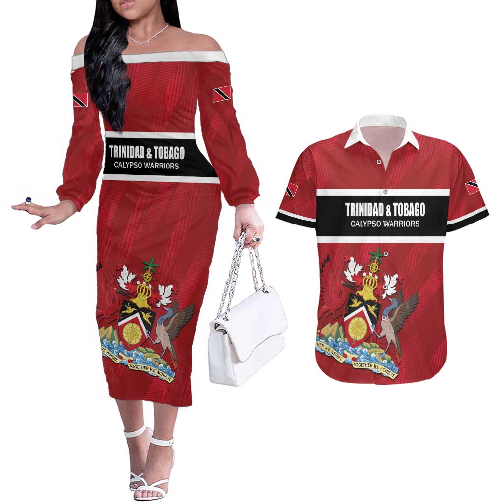 Custom Trinidad and Tobago Rugby Couples Matching Off The Shoulder Long Sleeve Dress and Hawaiian Shirt Come On Calypso Warriors