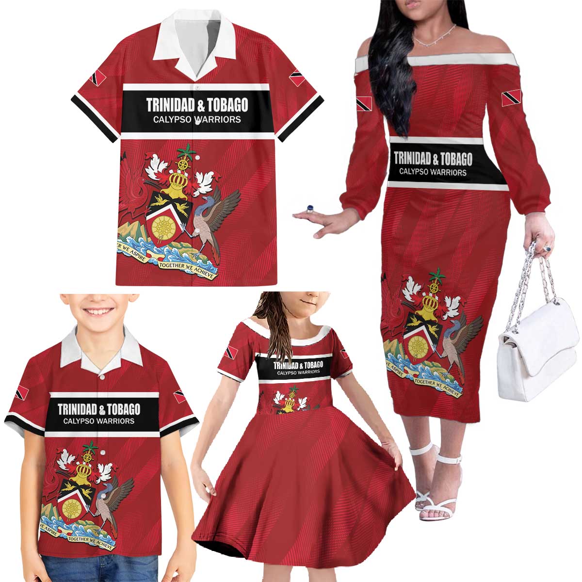 Custom Trinidad and Tobago Rugby Family Matching Off The Shoulder Long Sleeve Dress and Hawaiian Shirt Come On Calypso Warriors