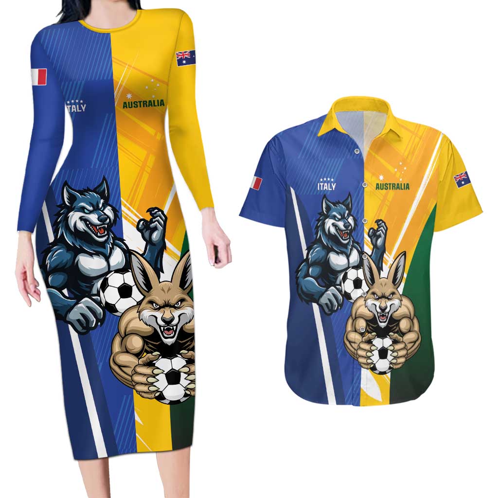 Custom Italy And Australia Soccer Couples Matching Long Sleeve Bodycon Dress and Hawaiian Shirt Gli Azzurri Vs Socceroos