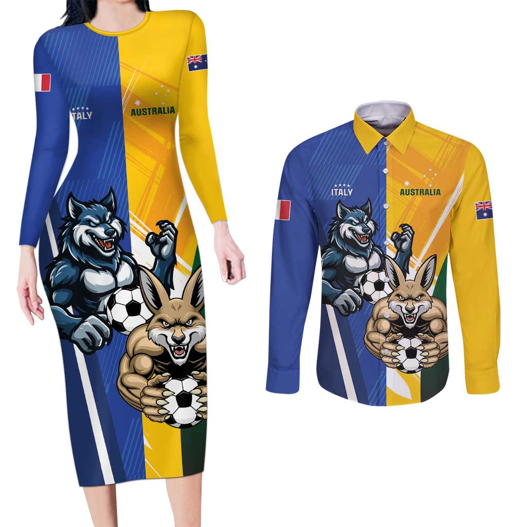 Custom Italy And Australia Soccer Couples Matching Long Sleeve Bodycon Dress and Long Sleeve Button Shirt Gli Azzurri Vs Socceroos
