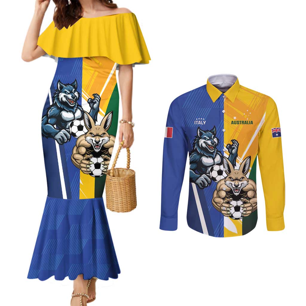 Custom Italy And Australia Soccer Couples Matching Mermaid Dress and Long Sleeve Button Shirt Gli Azzurri Vs Socceroos
