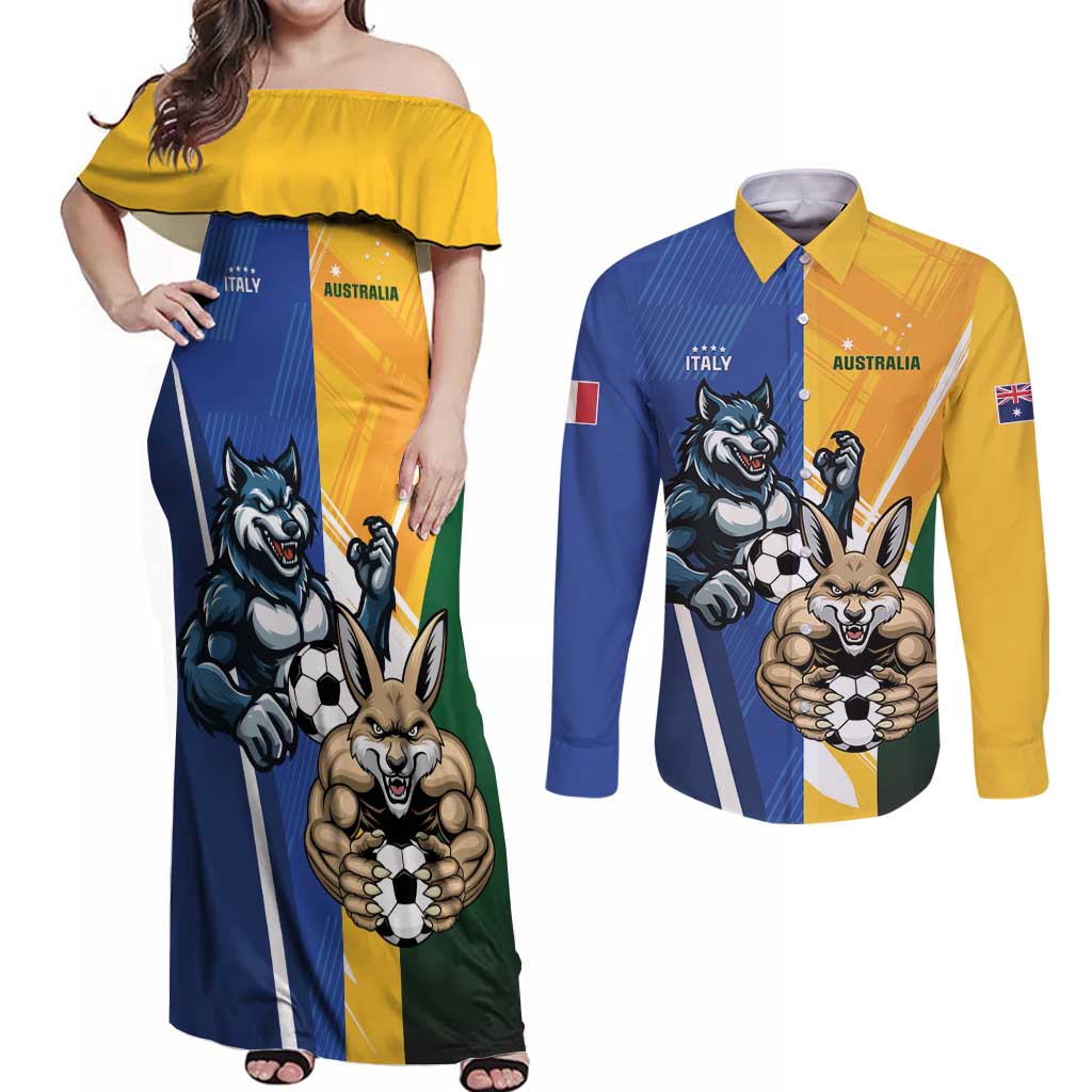 Custom Italy And Australia Soccer Couples Matching Off Shoulder Maxi Dress and Long Sleeve Button Shirt Gli Azzurri Vs Socceroos
