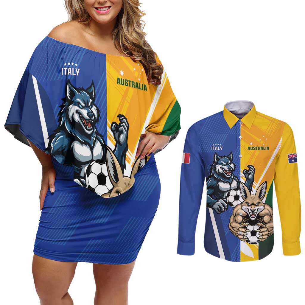 Custom Italy And Australia Soccer Couples Matching Off Shoulder Short Dress and Long Sleeve Button Shirt Gli Azzurri Vs Socceroos