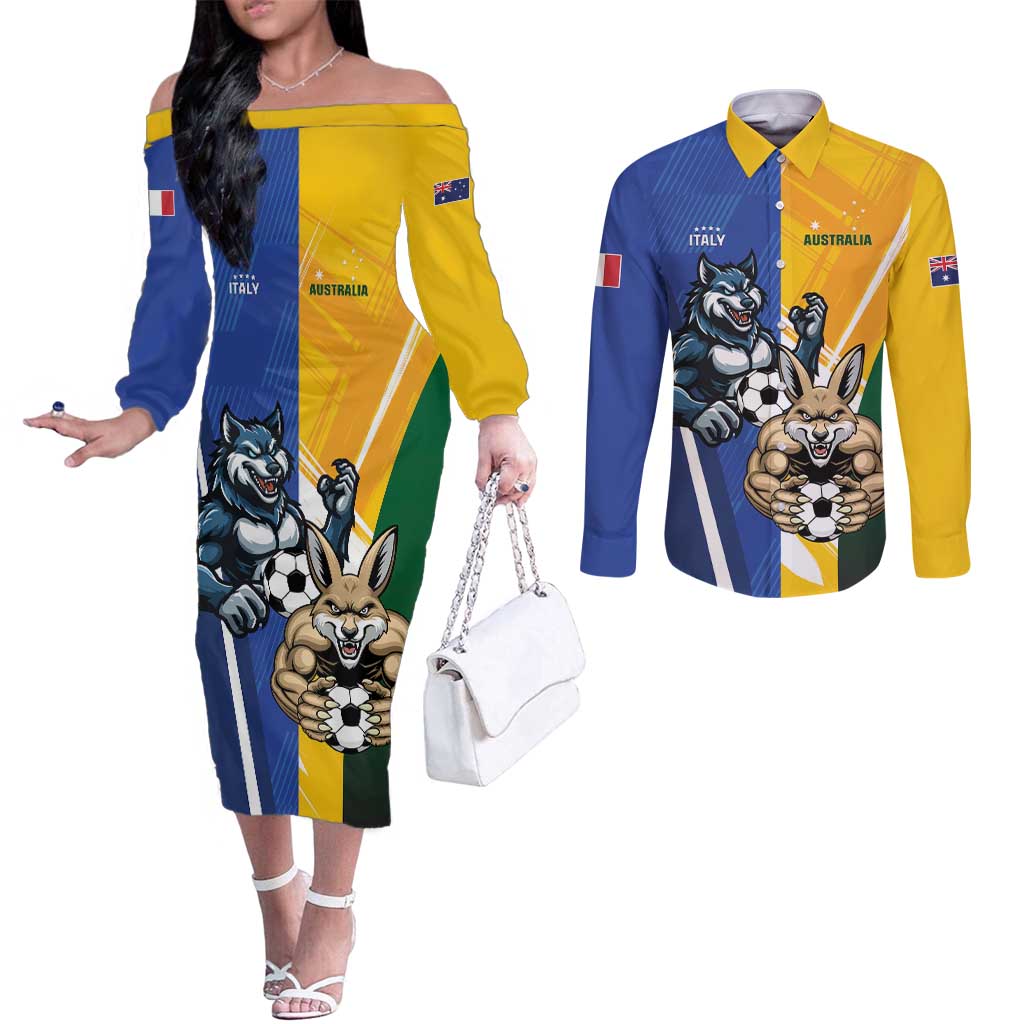Custom Italy And Australia Soccer Couples Matching Off The Shoulder Long Sleeve Dress and Long Sleeve Button Shirt Gli Azzurri Vs Socceroos