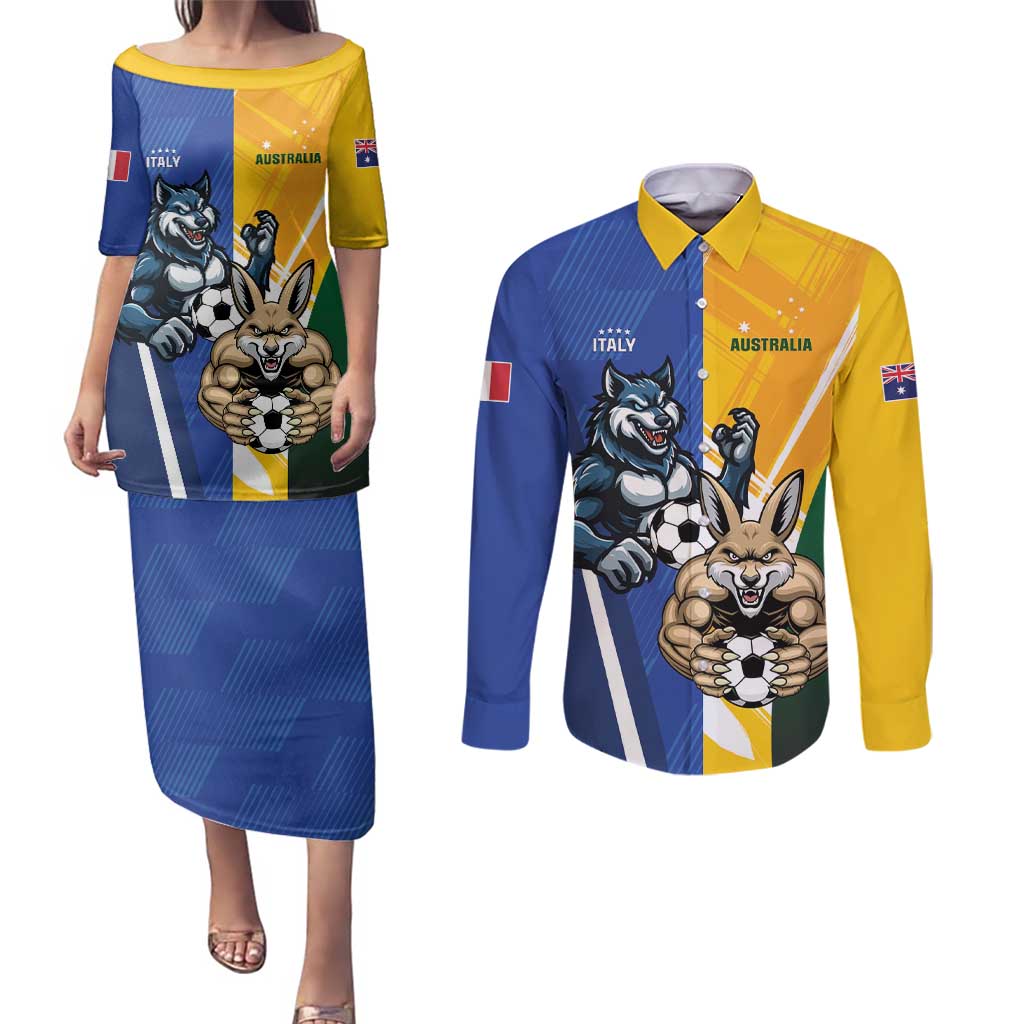 Custom Italy And Australia Soccer Couples Matching Puletasi and Long Sleeve Button Shirt Gli Azzurri Vs Socceroos