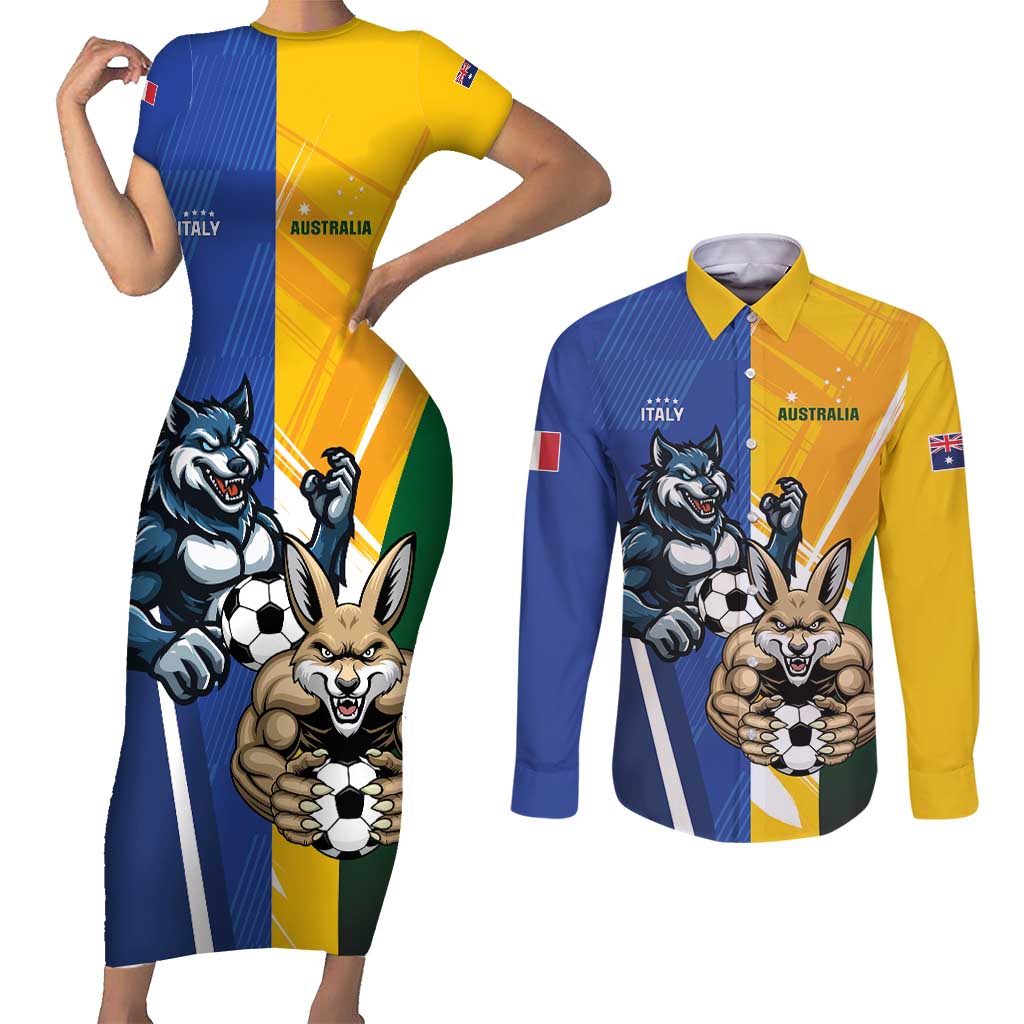 Custom Italy And Australia Soccer Couples Matching Short Sleeve Bodycon Dress and Long Sleeve Button Shirt Gli Azzurri Vs Socceroos