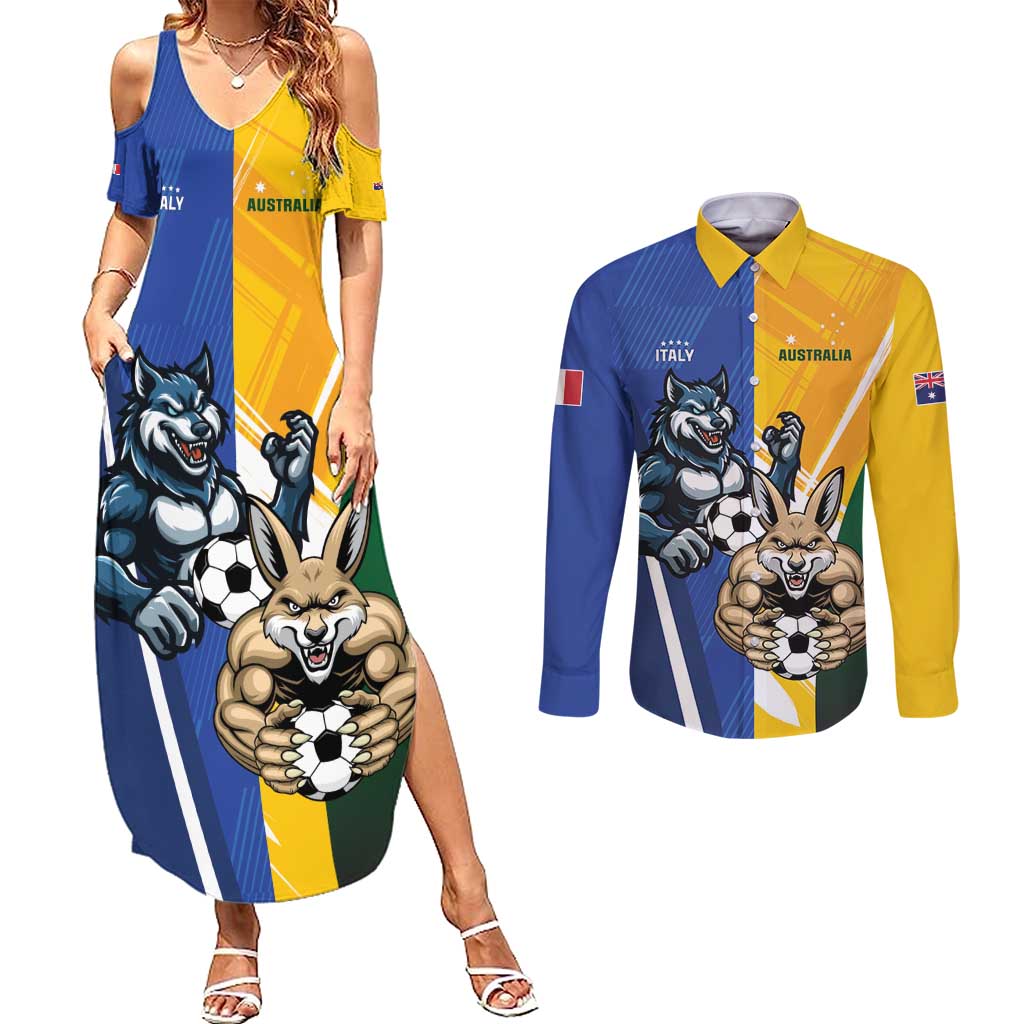 Custom Italy And Australia Soccer Couples Matching Summer Maxi Dress and Long Sleeve Button Shirt Gli Azzurri Vs Socceroos