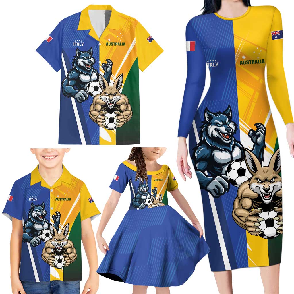 Custom Italy And Australia Soccer Family Matching Long Sleeve Bodycon Dress and Hawaiian Shirt Gli Azzurri Vs Socceroos