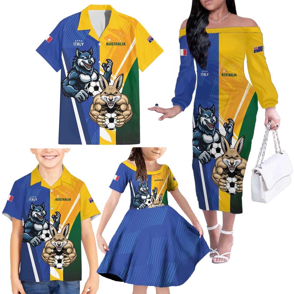 Custom Italy And Australia Soccer Family Matching Off The Shoulder Long Sleeve Dress and Hawaiian Shirt Gli Azzurri Vs Socceroos
