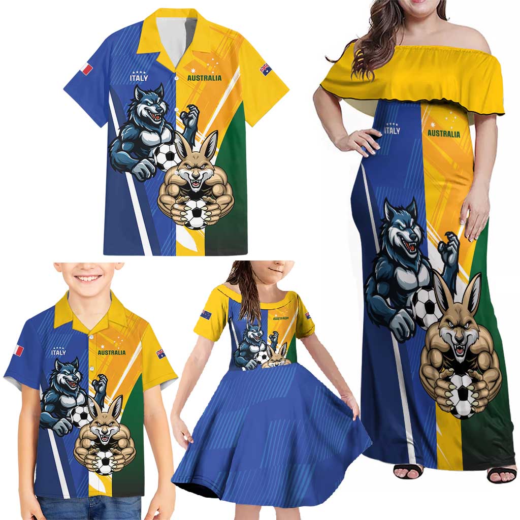 Custom Italy And Australia Soccer Family Matching Off Shoulder Maxi Dress and Hawaiian Shirt Gli Azzurri Vs Socceroos
