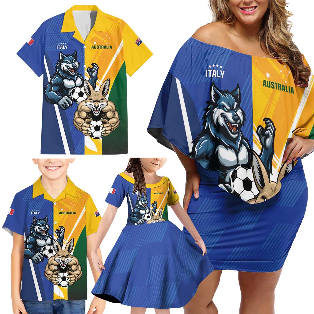 Custom Italy And Australia Soccer Family Matching Off Shoulder Short Dress and Hawaiian Shirt Gli Azzurri Vs Socceroos