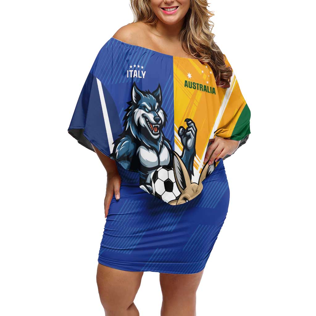 Custom Italy And Australia Soccer Family Matching Off Shoulder Short Dress and Hawaiian Shirt Gli Azzurri Vs Socceroos