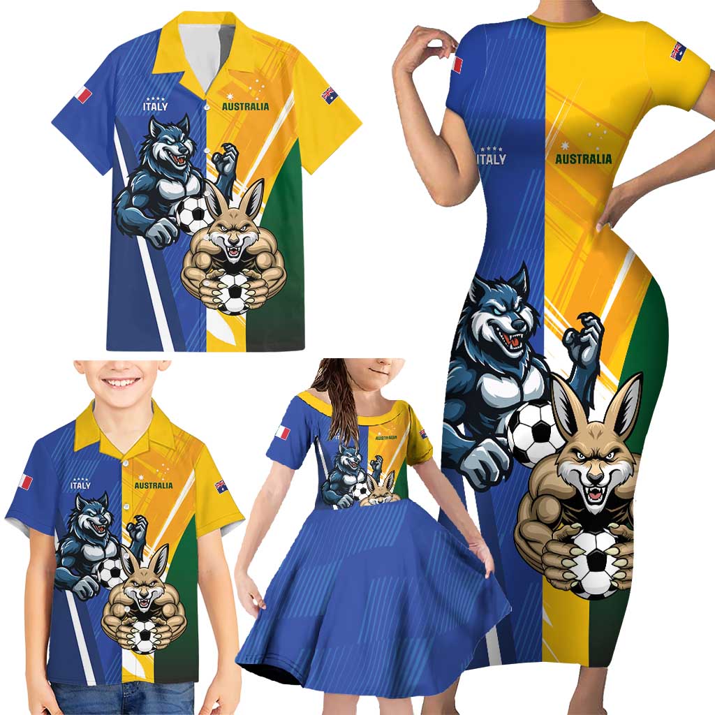 Custom Italy And Australia Soccer Family Matching Short Sleeve Bodycon Dress and Hawaiian Shirt Gli Azzurri Vs Socceroos