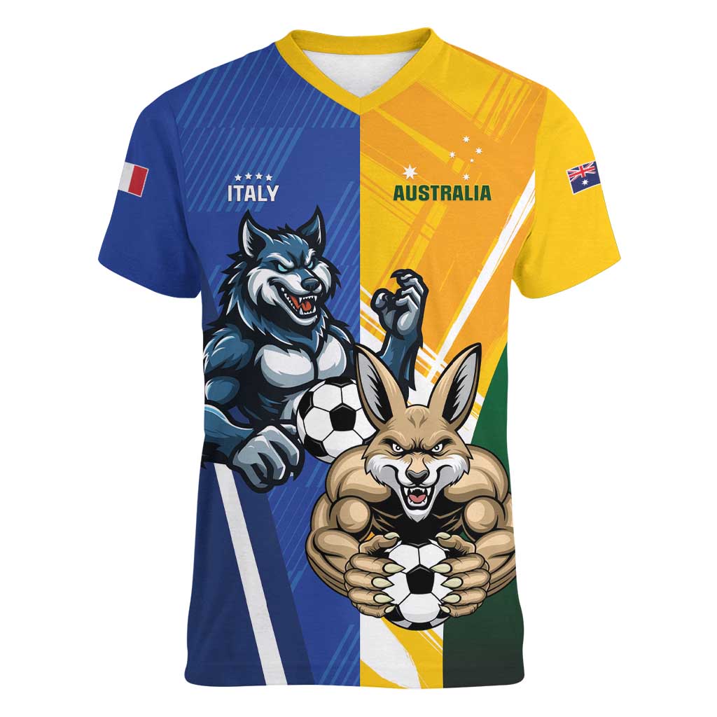 Custom Italy And Australia Soccer Women V-Neck T-Shirt Gli Azzurri Vs Socceroos
