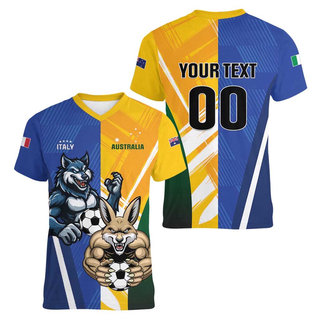 Custom Italy And Australia Soccer Women V-Neck T-Shirt Gli Azzurri Vs Socceroos