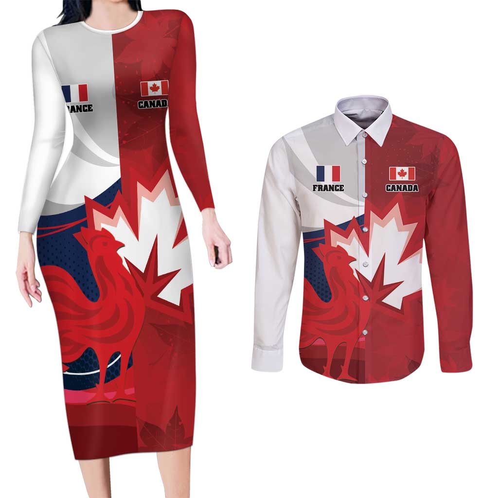 Custom Rugby France And Canada Couples Matching Long Sleeve Bodycon Dress and Long Sleeve Button Shirt Le XV de France Vs Canucks