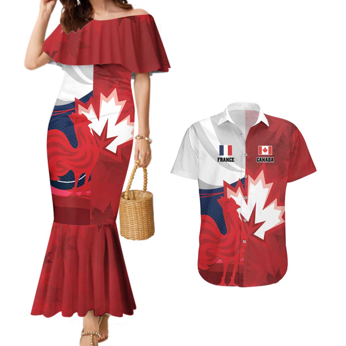 Custom Rugby France And Canada Couples Matching Mermaid Dress and Hawaiian Shirt Le XV de France Vs Canucks