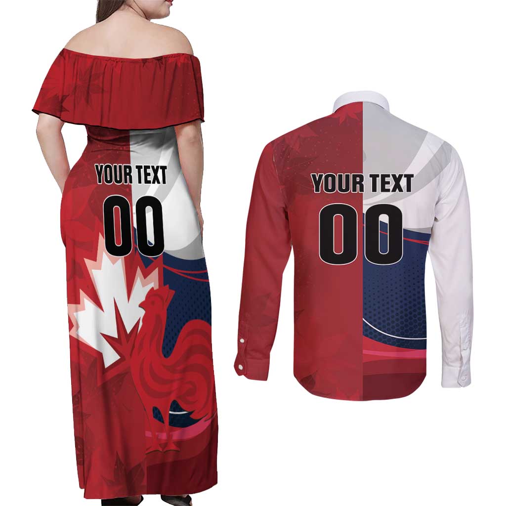 Custom Rugby France And Canada Couples Matching Off Shoulder Maxi Dress and Long Sleeve Button Shirt Le XV de France Vs Canucks