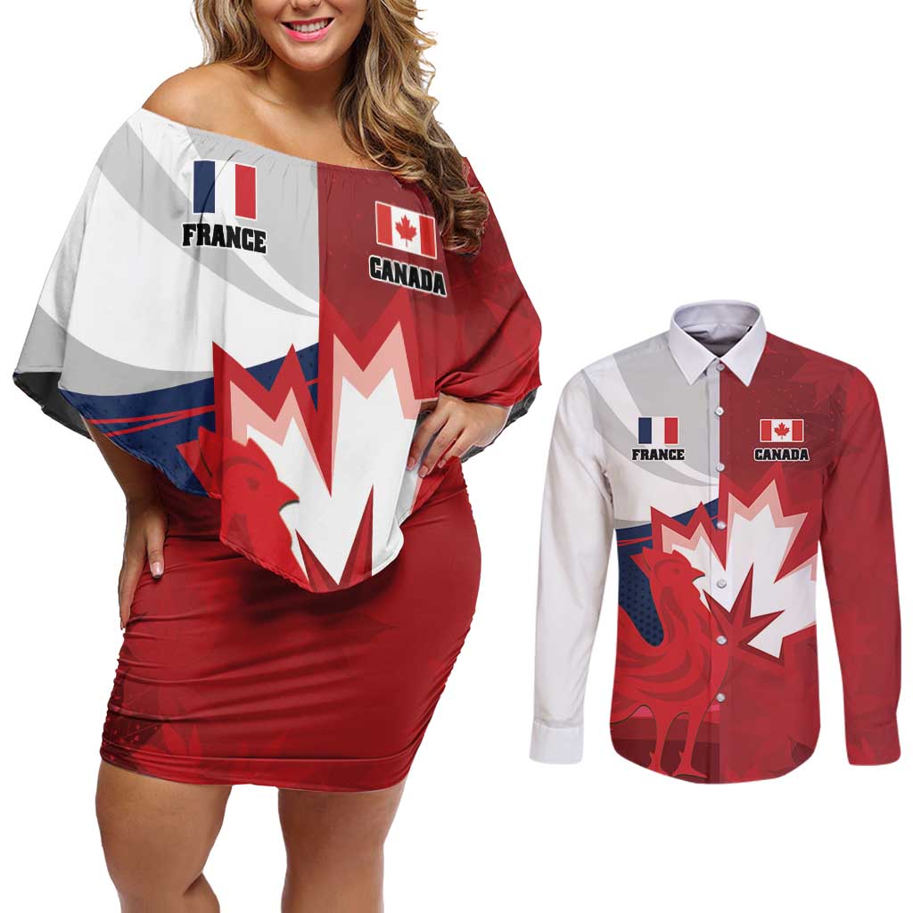 Custom Rugby France And Canada Couples Matching Off Shoulder Short Dress and Long Sleeve Button Shirt Le XV de France Vs Canucks