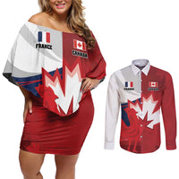 Custom Rugby France And Canada Couples Matching Off Shoulder Short Dress and Long Sleeve Button Shirt Le XV de France Vs Canucks