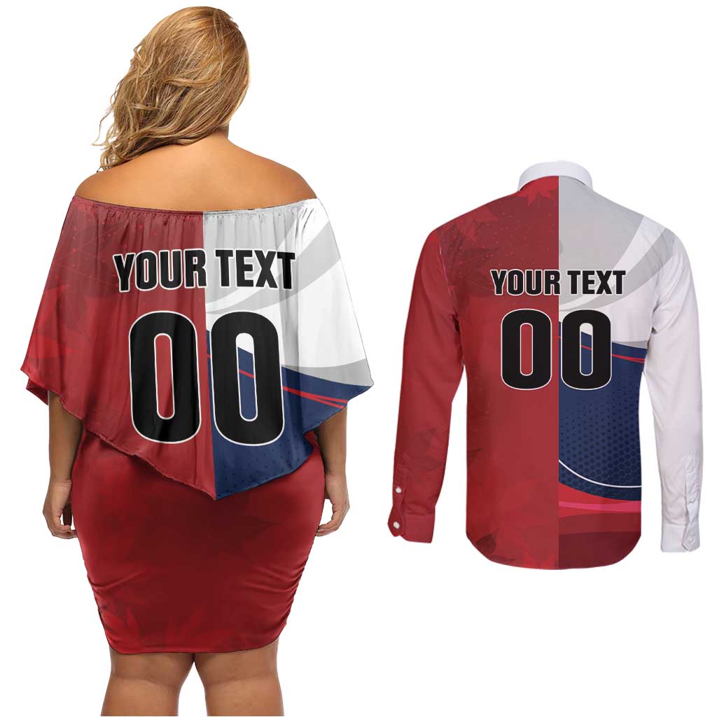 Custom Rugby France And Canada Couples Matching Off Shoulder Short Dress and Long Sleeve Button Shirt Le XV de France Vs Canucks