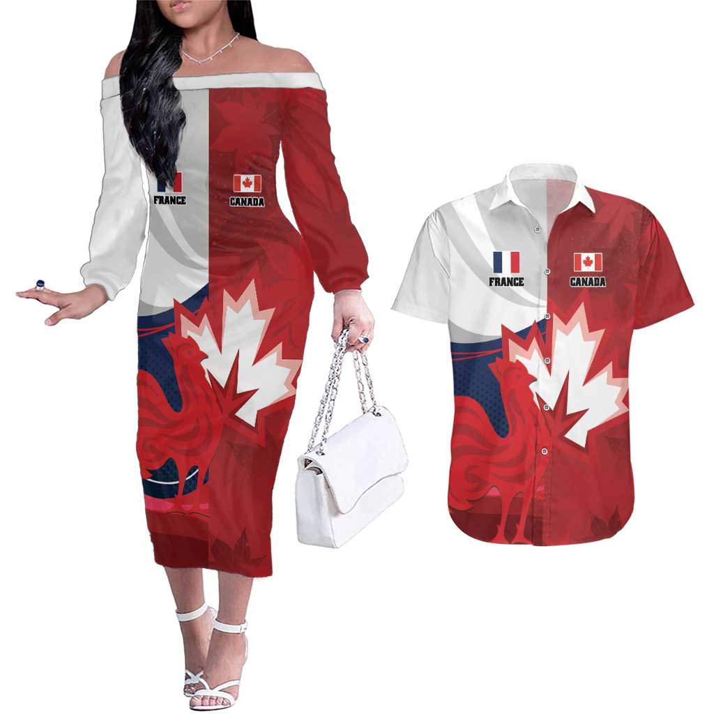 Custom Rugby France And Canada Couples Matching Off The Shoulder Long Sleeve Dress and Hawaiian Shirt Le XV de France Vs Canucks