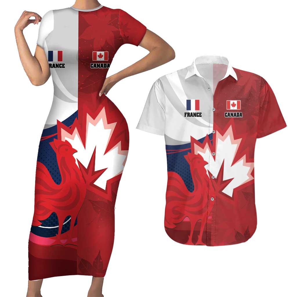 Custom Rugby France And Canada Couples Matching Short Sleeve Bodycon Dress and Hawaiian Shirt Le XV de France Vs Canucks