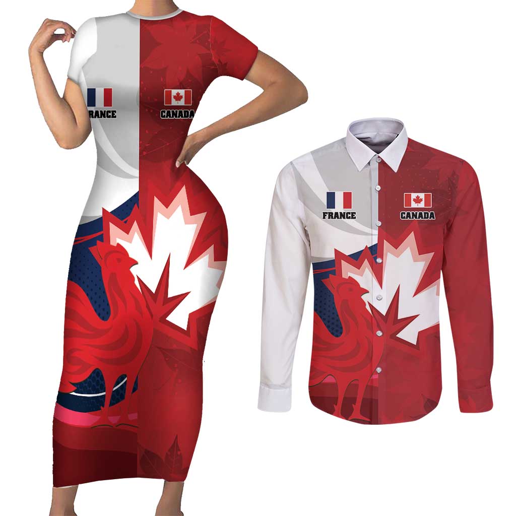 Custom Rugby France And Canada Couples Matching Short Sleeve Bodycon Dress and Long Sleeve Button Shirt Le XV de France Vs Canucks
