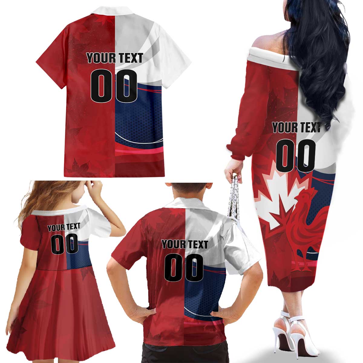 Custom Rugby France And Canada Family Matching Off The Shoulder Long Sleeve Dress and Hawaiian Shirt Le XV de France Vs Canucks