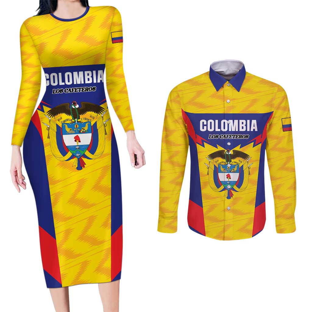 Custom Football Colombia Couples Matching Long Sleeve Bodycon Dress and Long Sleeve Button Shirt Los Cafeteros Go Champions