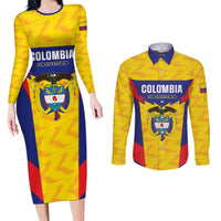 Custom Football Colombia Couples Matching Long Sleeve Bodycon Dress and Long Sleeve Button Shirt Los Cafeteros Go Champions