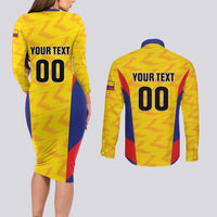 Custom Football Colombia Couples Matching Long Sleeve Bodycon Dress and Long Sleeve Button Shirt Los Cafeteros Go Champions