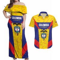 Custom Football Colombia Couples Matching Off Shoulder Maxi Dress and Hawaiian Shirt Los Cafeteros Go Champions