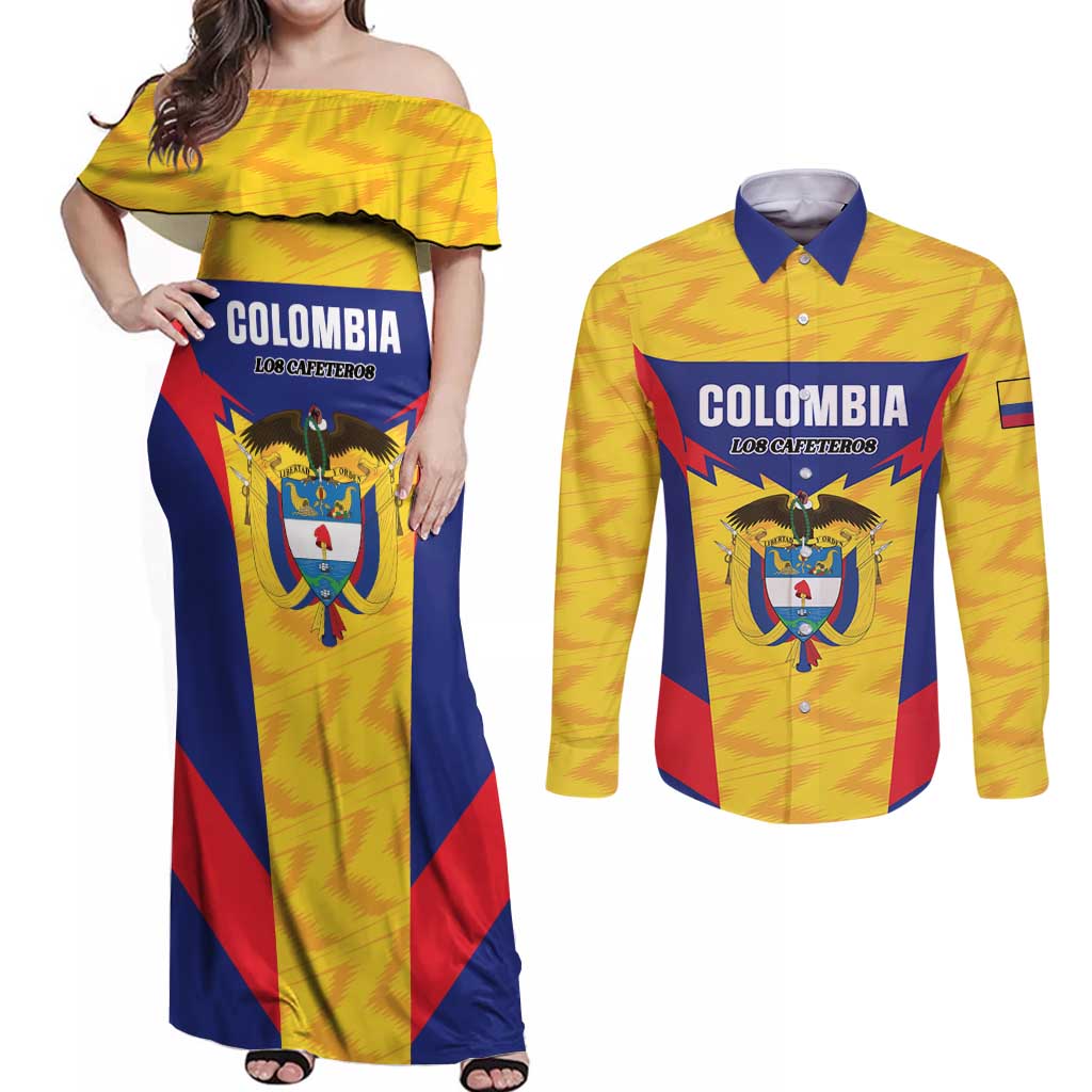 Custom Football Colombia Couples Matching Off Shoulder Maxi Dress and Long Sleeve Button Shirt Los Cafeteros Go Champions