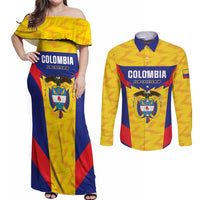Custom Football Colombia Couples Matching Off Shoulder Maxi Dress and Long Sleeve Button Shirt Los Cafeteros Go Champions