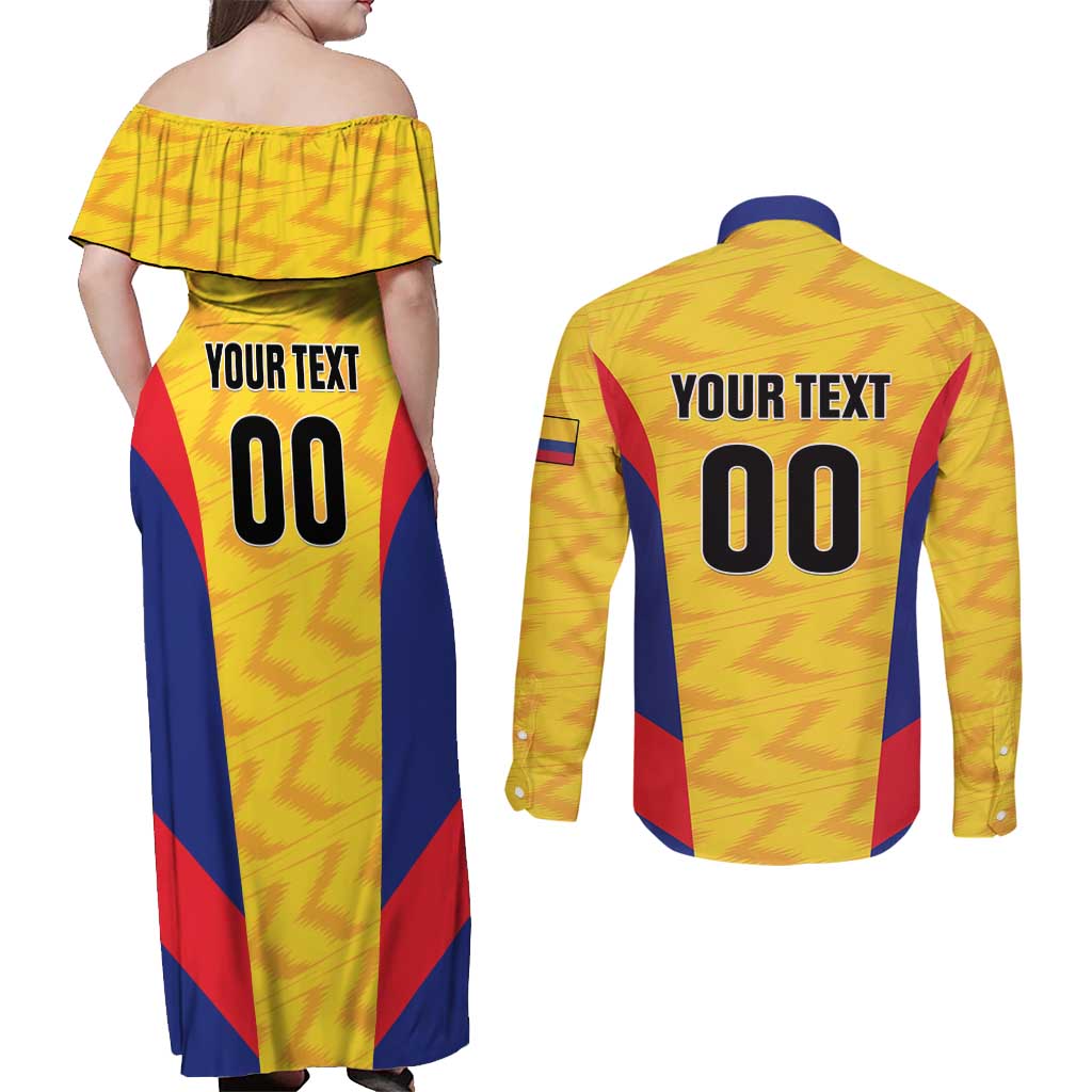 Custom Football Colombia Couples Matching Off Shoulder Maxi Dress and Long Sleeve Button Shirt Los Cafeteros Go Champions