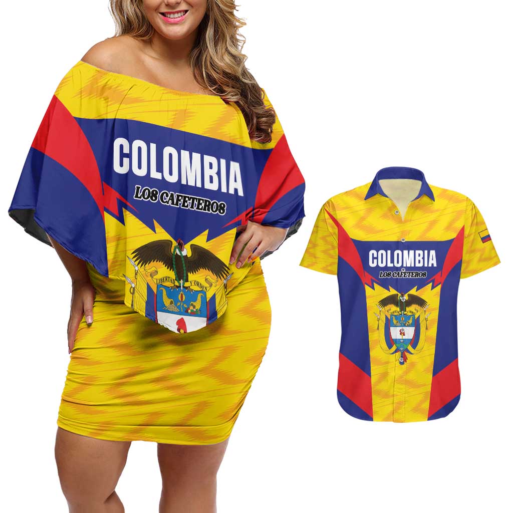 Custom Football Colombia Couples Matching Off Shoulder Short Dress and Hawaiian Shirt Los Cafeteros Go Champions