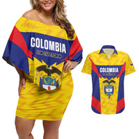 Custom Football Colombia Couples Matching Off Shoulder Short Dress and Hawaiian Shirt Los Cafeteros Go Champions