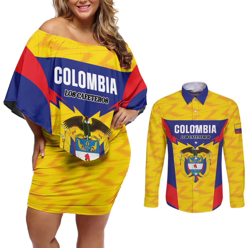 Custom Football Colombia Couples Matching Off Shoulder Short Dress and Long Sleeve Button Shirt Los Cafeteros Go Champions