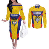 Custom Football Colombia Couples Matching Off The Shoulder Long Sleeve Dress and Long Sleeve Button Shirt Los Cafeteros Go Champions