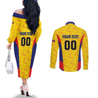 Custom Football Colombia Couples Matching Off The Shoulder Long Sleeve Dress and Long Sleeve Button Shirt Los Cafeteros Go Champions