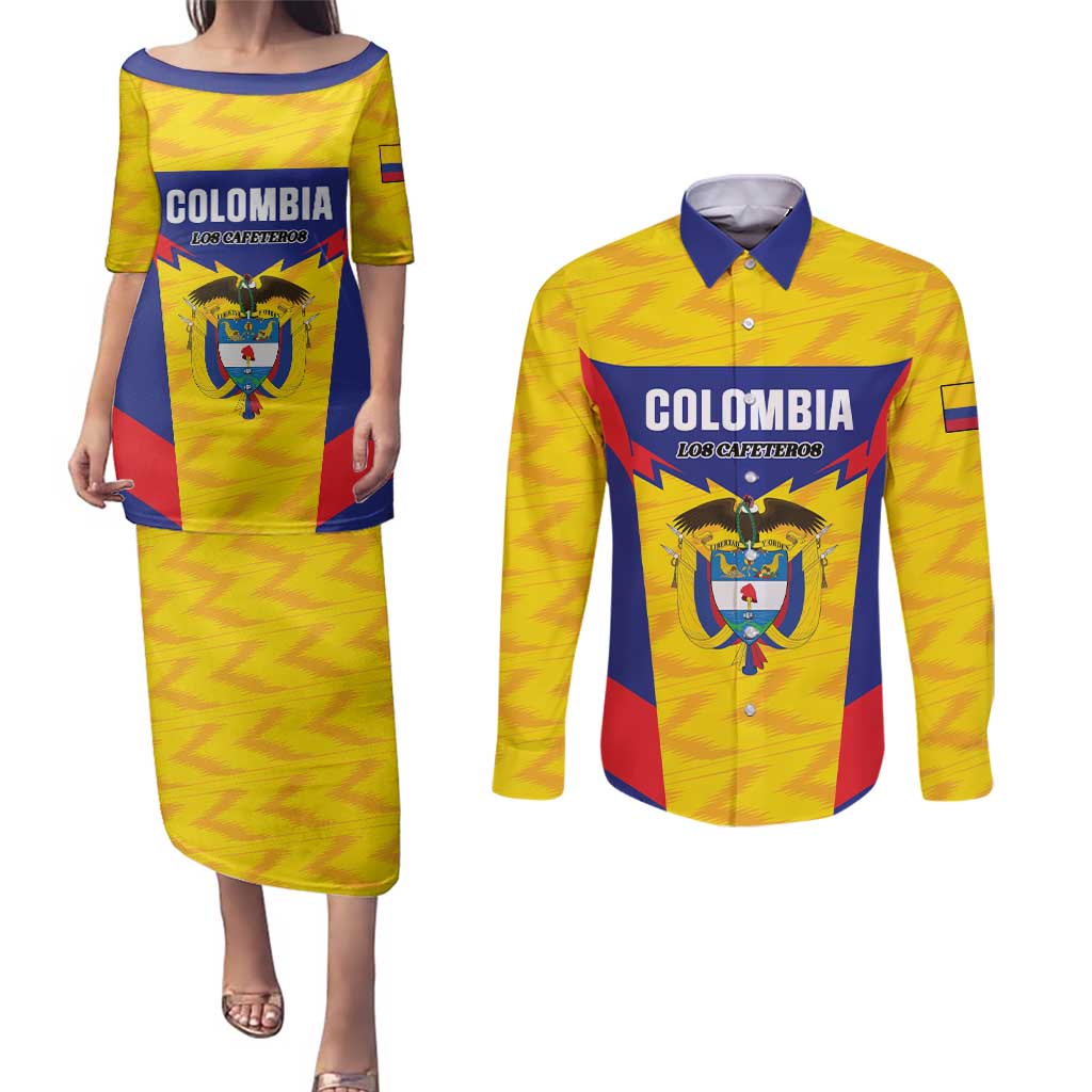 Custom Football Colombia Couples Matching Puletasi and Long Sleeve Button Shirt Los Cafeteros Go Champions