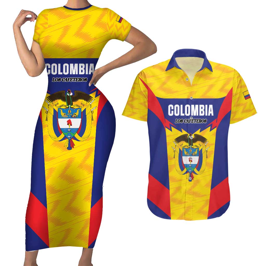 Custom Football Colombia Couples Matching Short Sleeve Bodycon Dress and Hawaiian Shirt Los Cafeteros Go Champions