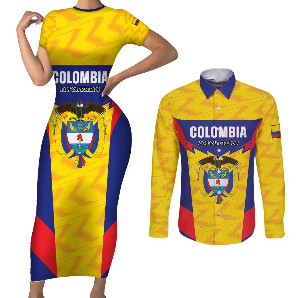 Custom Football Colombia Couples Matching Short Sleeve Bodycon Dress and Long Sleeve Button Shirt Los Cafeteros Go Champions