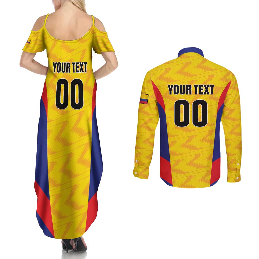 Custom Football Colombia Couples Matching Summer Maxi Dress and Long Sleeve Button Shirt Los Cafeteros Go Champions