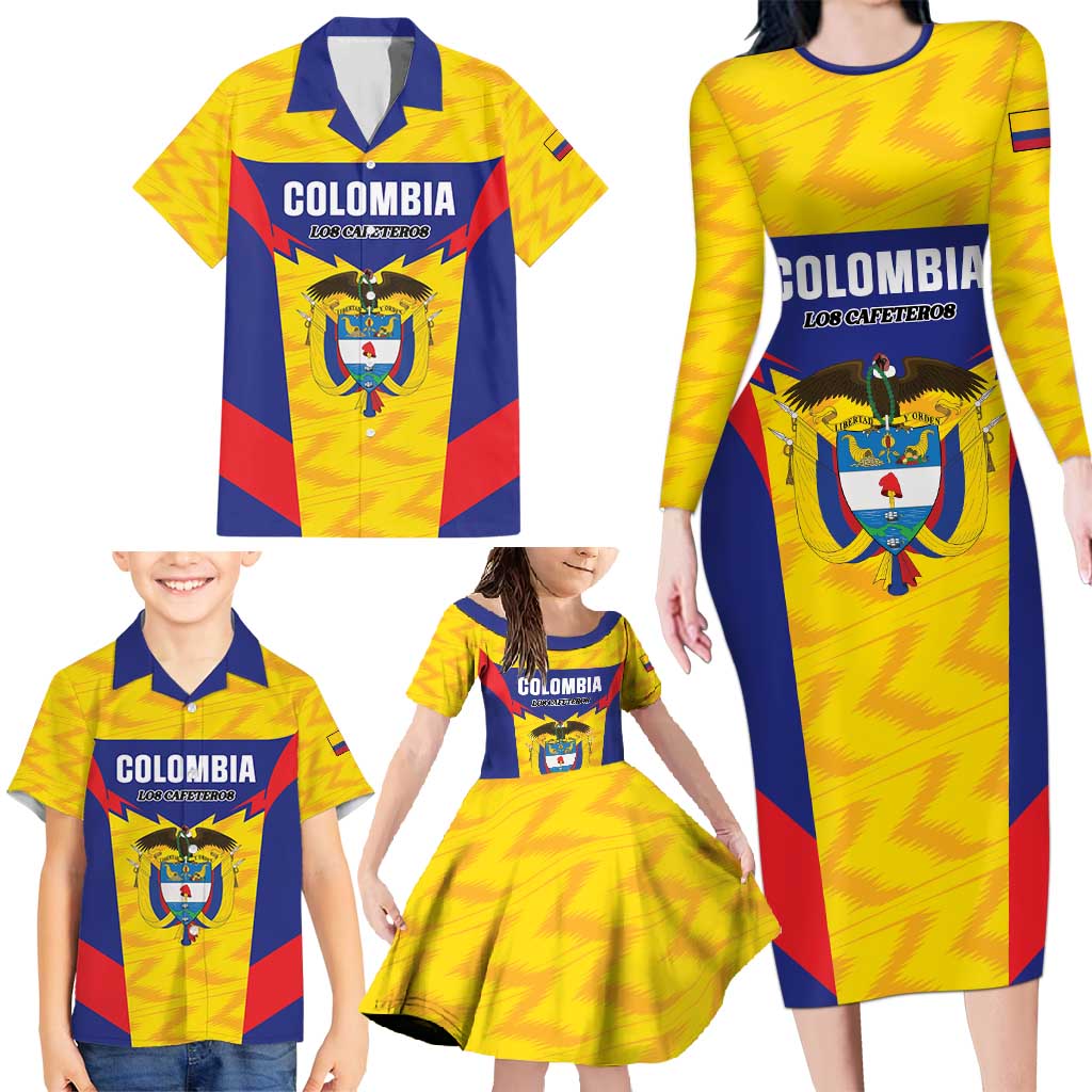 Custom Football Colombia Family Matching Long Sleeve Bodycon Dress and Hawaiian Shirt Los Cafeteros Go Champions