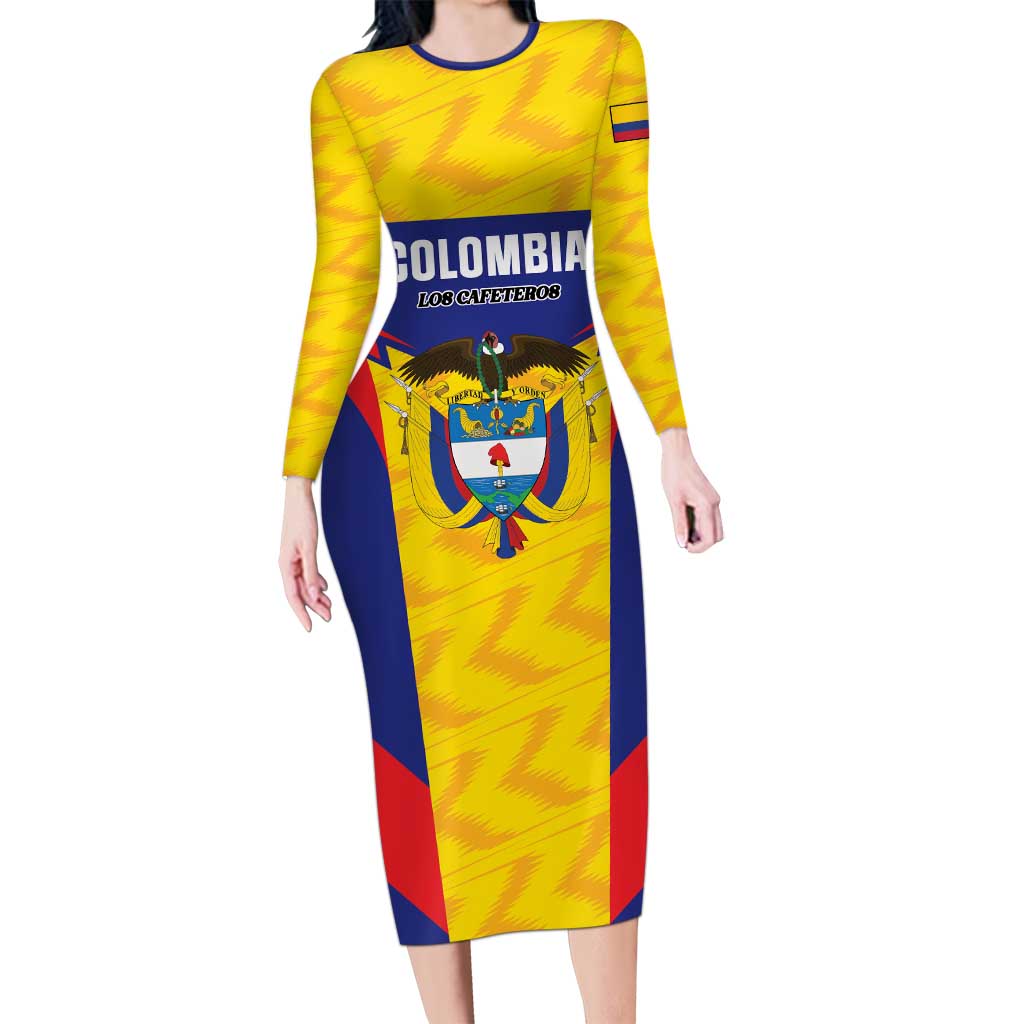 Custom Football Colombia Family Matching Long Sleeve Bodycon Dress and Hawaiian Shirt Los Cafeteros Go Champions