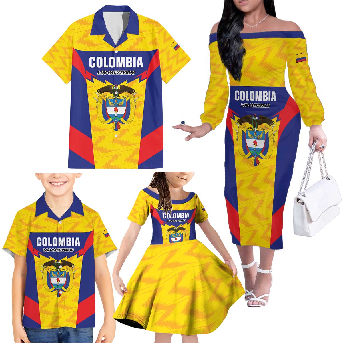 Custom Football Colombia Family Matching Off The Shoulder Long Sleeve Dress and Hawaiian Shirt Los Cafeteros Go Champions