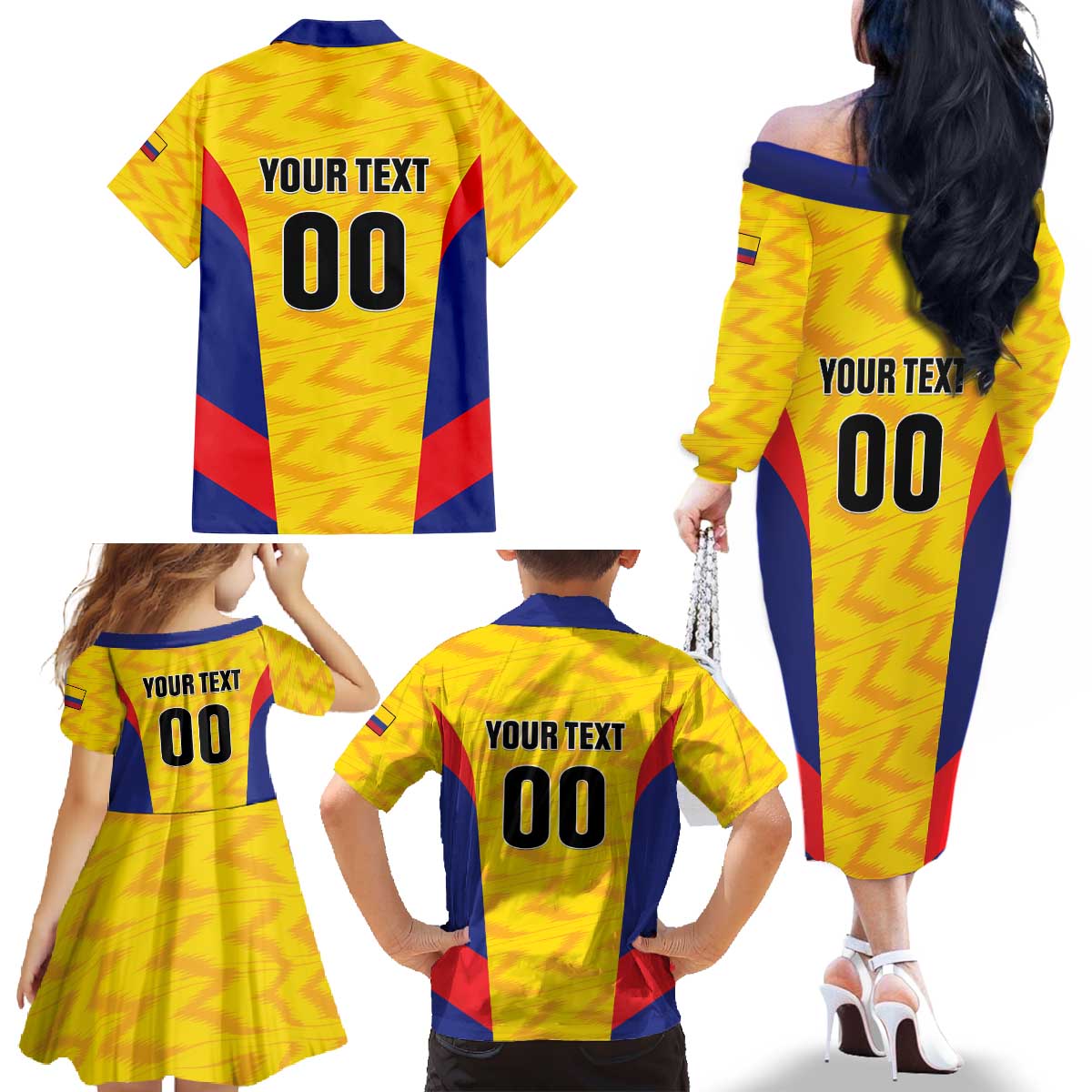 Custom Football Colombia Family Matching Off The Shoulder Long Sleeve Dress and Hawaiian Shirt Los Cafeteros Go Champions