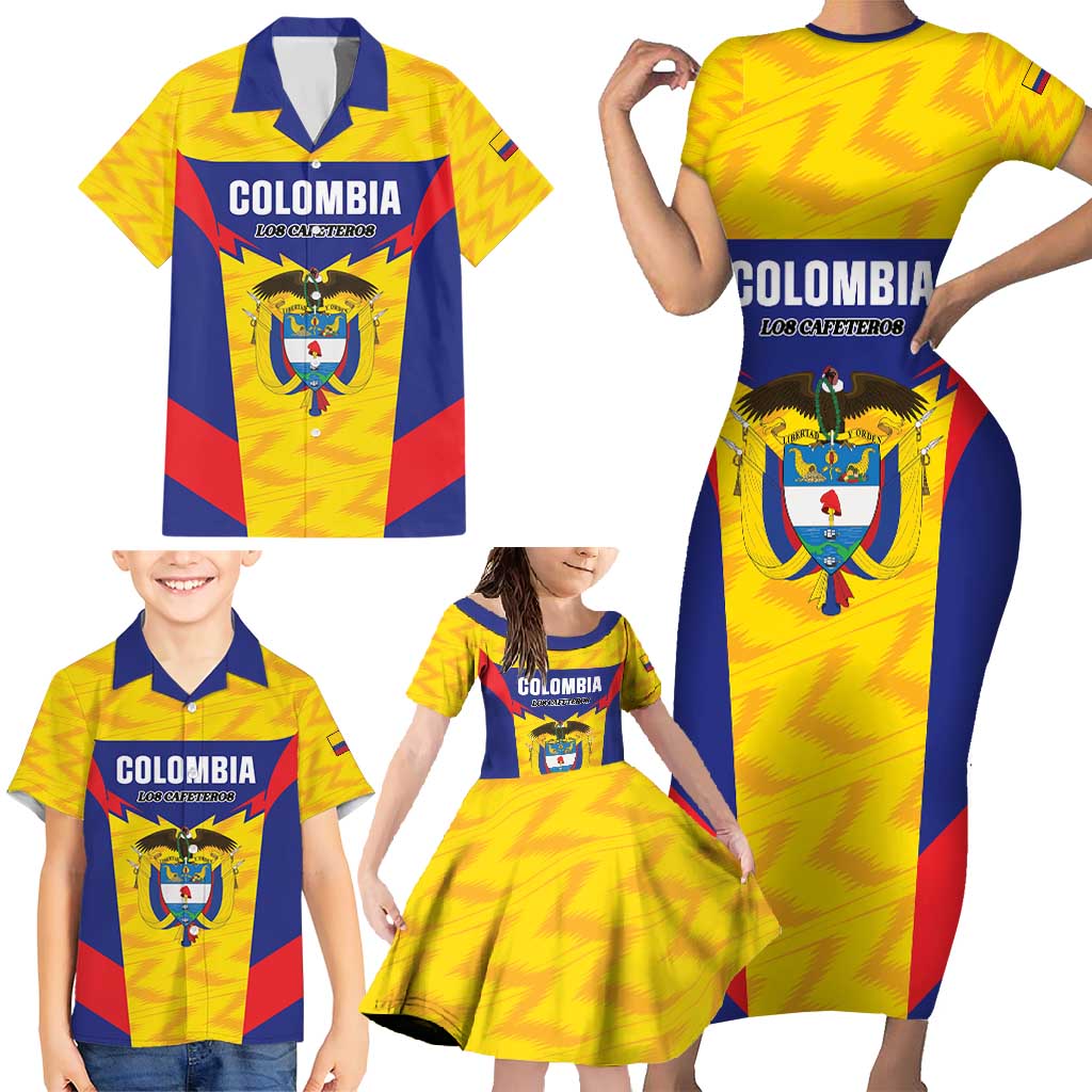 Custom Football Colombia Family Matching Short Sleeve Bodycon Dress and Hawaiian Shirt Los Cafeteros Go Champions